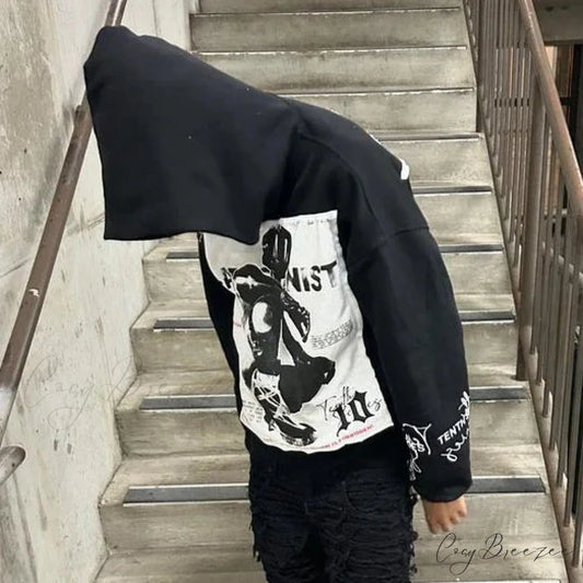 Retro Patch Black Cotton Hoodie hoodies-241228