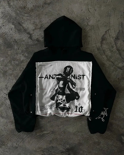 Retro Patch Black Cotton Hoodie hoodies-241228