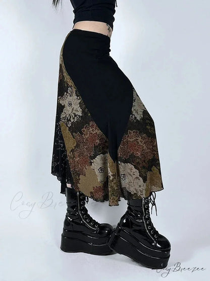 Retro Patchwork Floral Mesh Skirt Holiday Casual skirt-250126