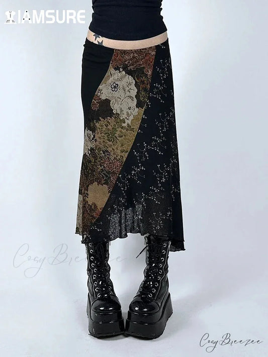 Retro Patchwork Floral Mesh Skirt Holiday Casual MULTI / S skirt-250126