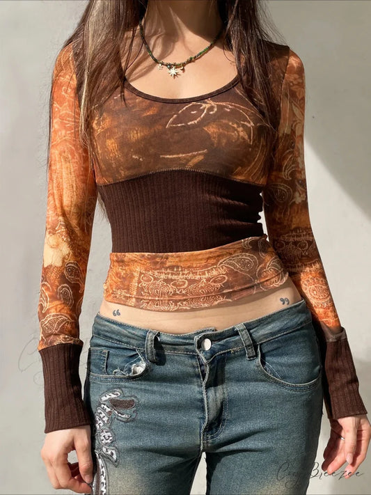 Retro Patchwork Mesh See-Through Slim Square Collar Long Sleeve Knit Top Brown / S knittop-250126