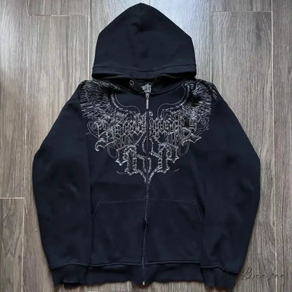 Retro Pattern Zipper Hoodie black 2 / S hoodies-241228