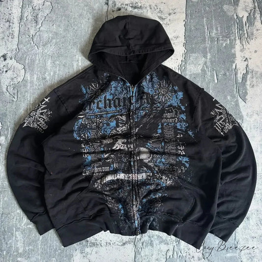 Retro Pattern Zipper Hoodie black 3 / S hoodies-241228