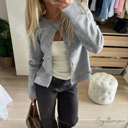 Retro Round Neck Long Sleeve Lazy Wind Knit Cardigan Gray / S cardiagn-250126