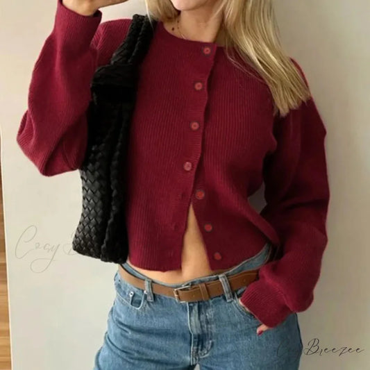 Retro Round Neck Long Sleeve Lazy Wind Knit Cardigan Wine / S cardiagn-250126