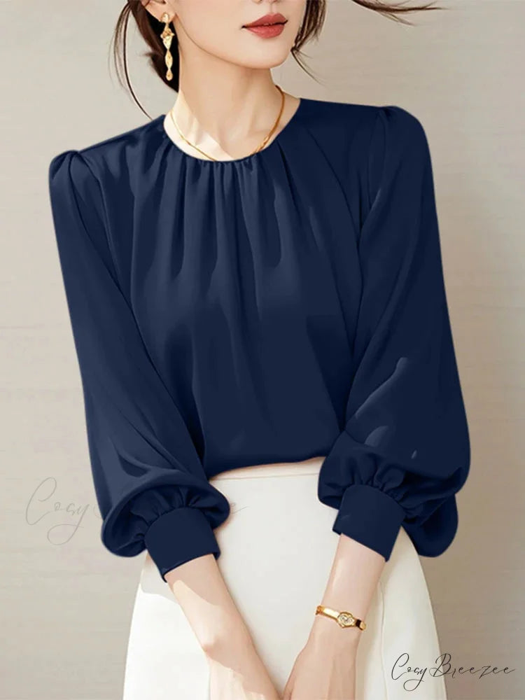 Retro Satin Pleated Office-ready Blouse Dark Blue / S blouse-250126