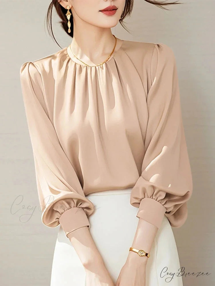Retro Satin Pleated Office-ready Blouse Khaki / S blouse-250126