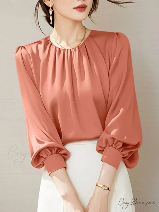 Retro Satin Pleated Office-ready Blouse Pink / S blouse-250126