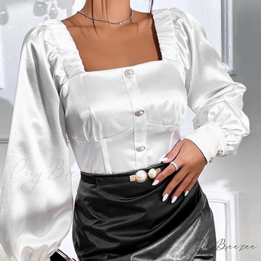 Retro Satin Relaxed Long Sleeve Stylish Blouse blouse-250126