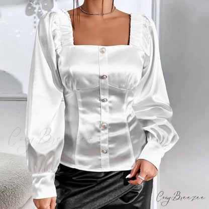Retro Satin Relaxed Long Sleeve Stylish Blouse blouse-250126