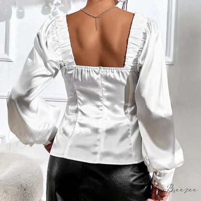Retro Satin Relaxed Long Sleeve Stylish Blouse blouse-250126