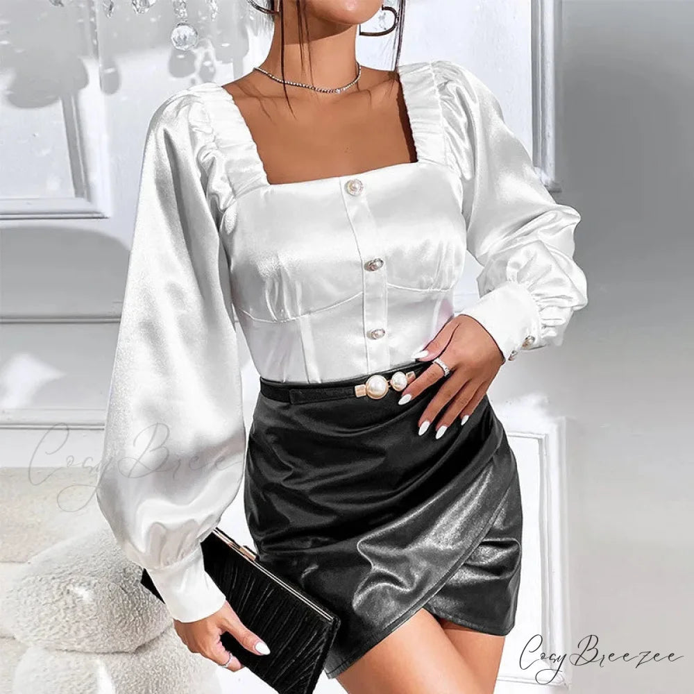 Retro Satin Relaxed Long Sleeve Stylish Blouse WHITE / S blouse-250126