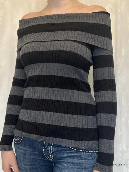 Retro Slash Neck Off Shoulder RibbedLong Sleeve T-shirts