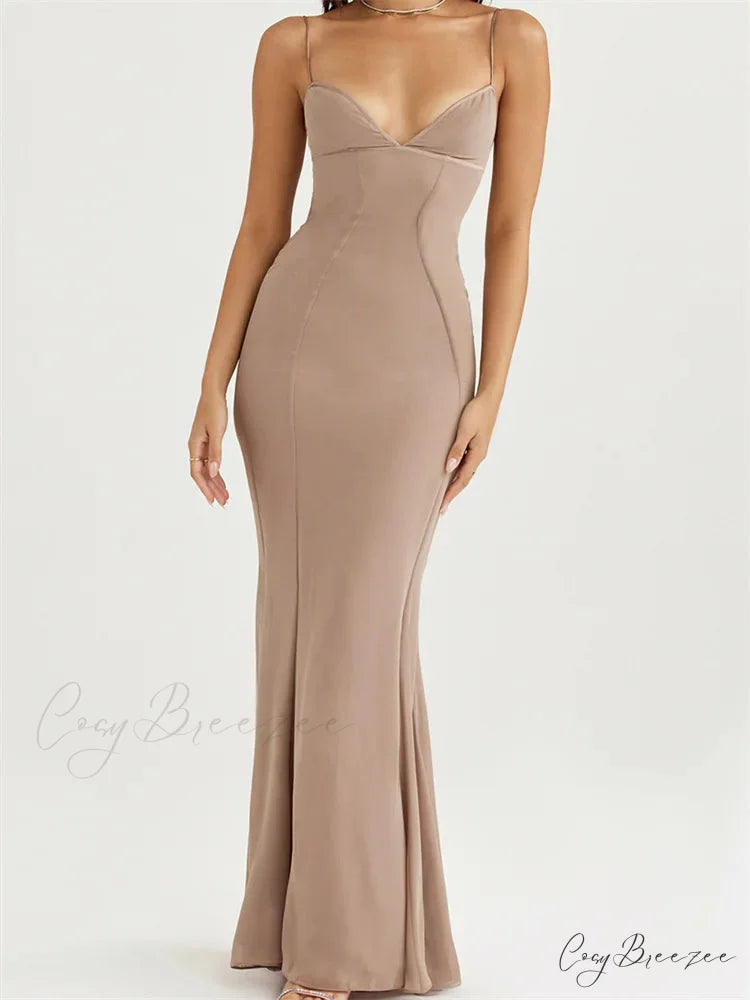 Retro Slim Fit for Women Sleeveless Strap Bodycon Backless V-neck Formal Club Night Summer Vestidos BEIGE / S