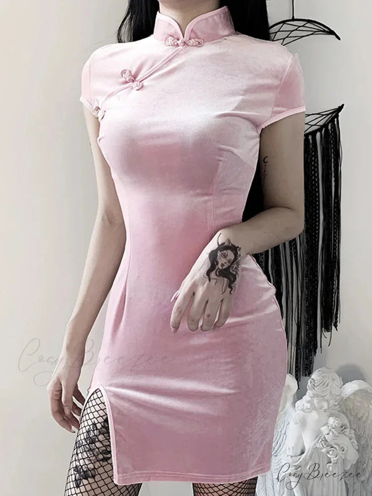 Retro Split Button Bodycon Cheongsam Mini Elegant Gothic Velvet Solid Black Red Pink Dress Pink / S