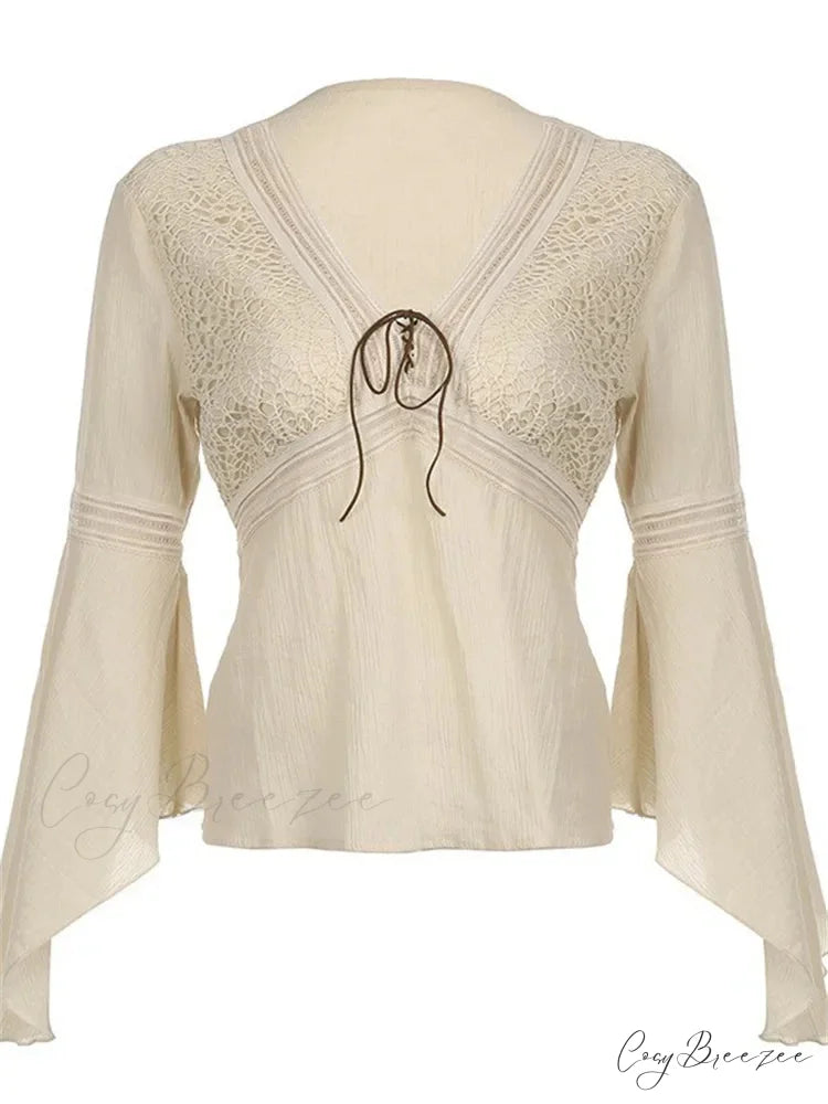 Retro Spring Autumn y2k Fairycore V-neck Long Flare Sleeve T-shirts