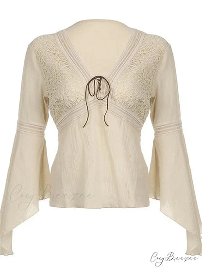 Retro Spring Autumn y2k Fairycore V-neck Long Flare Sleeve T-shirts