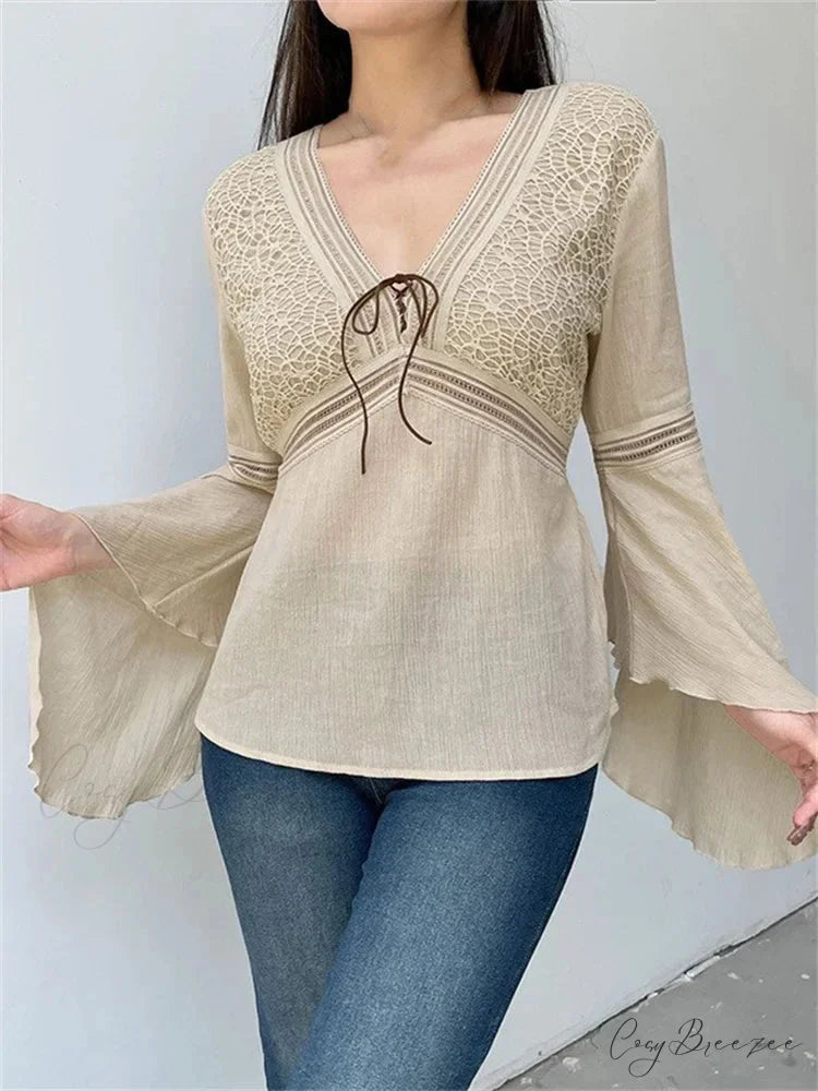 Retro Spring Autumn y2k Fairycore V-neck Long Flare Sleeve T-shirts