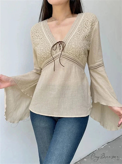 Retro Spring Autumn y2k Fairycore V-neck Long Flare Sleeve T-shirts
