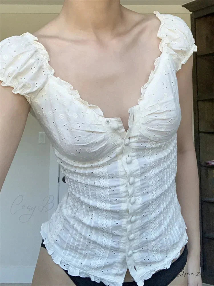 Retro Square Neck Button Down Short Sleeve Blouse blouse-250126