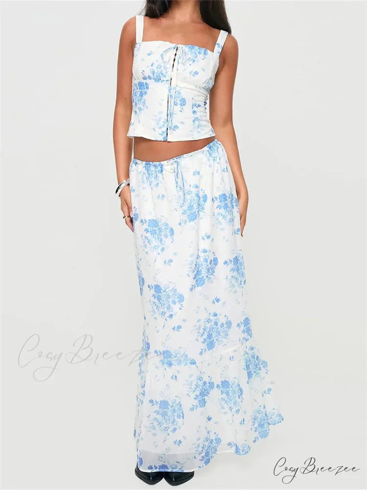 Retro Square Neck Button Up Tank Top Flower Print Long Skirt skirt-250126