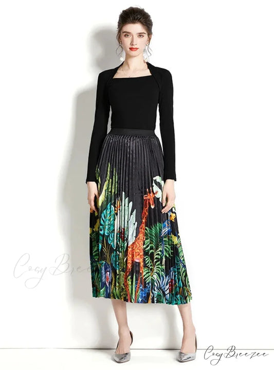 Retro Square Neck Long Sleeve Top with Printed Pleated Skirt Suit S / green