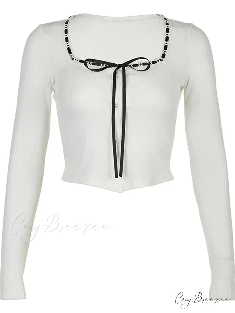 Retro Square Neck Long Sleeve Vintage Ribbed T-Shirts