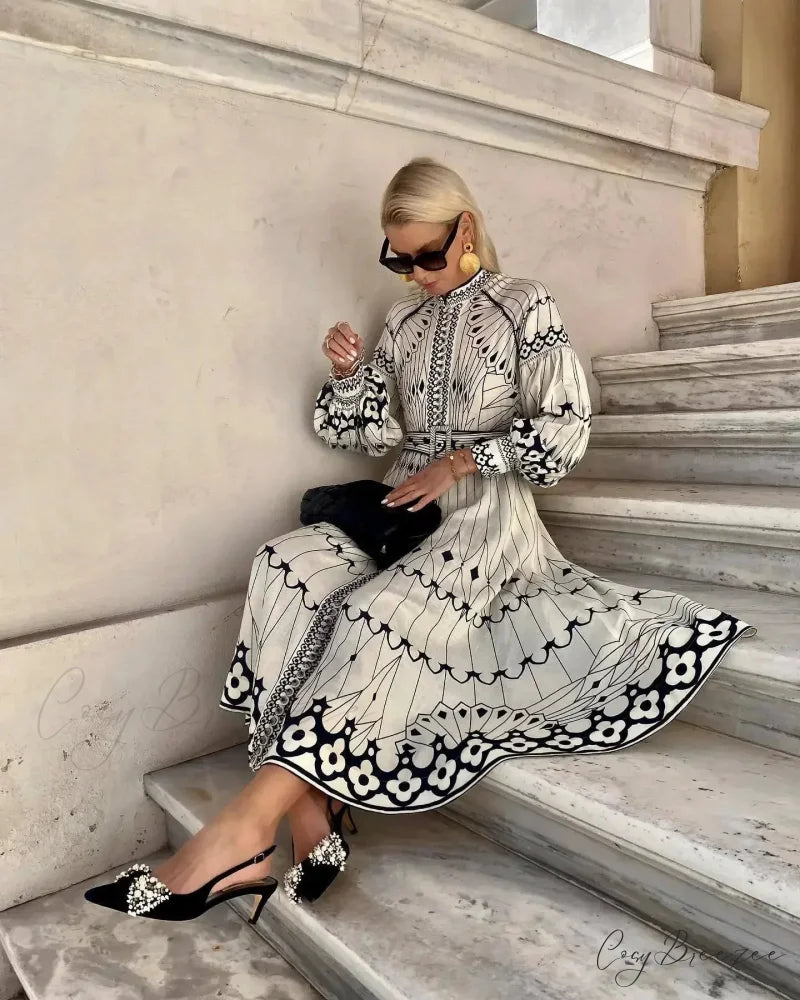 Retro Stand Collar Belted Boho Dress bohodress-250126