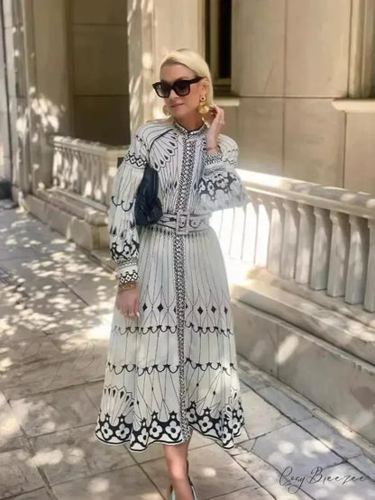Retro Stand Collar Belted Boho Dress bohodress-250126