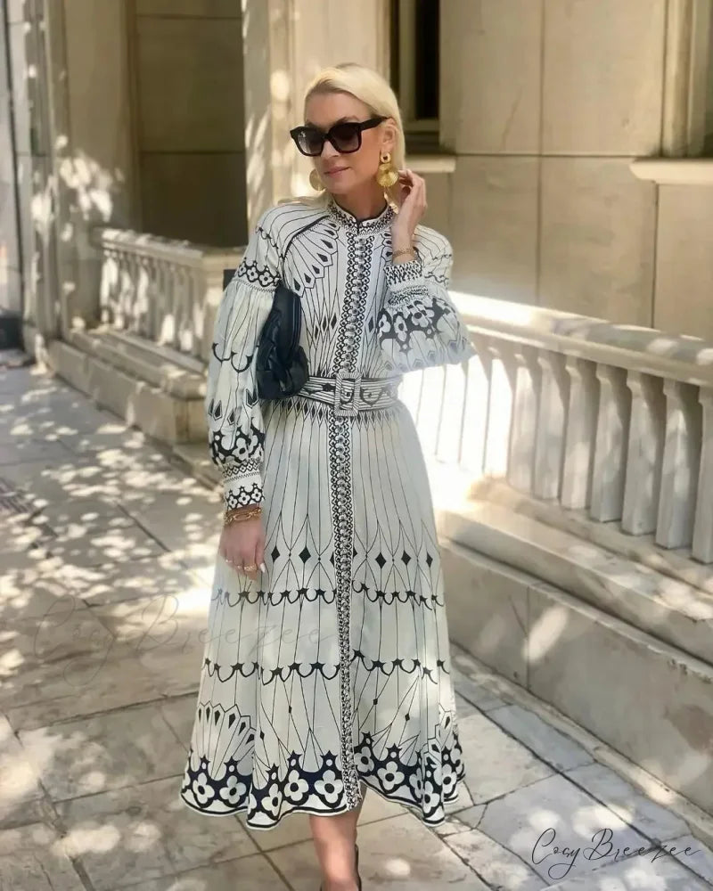 Retro Stand Collar Belted Boho Dress bohodress-250126
