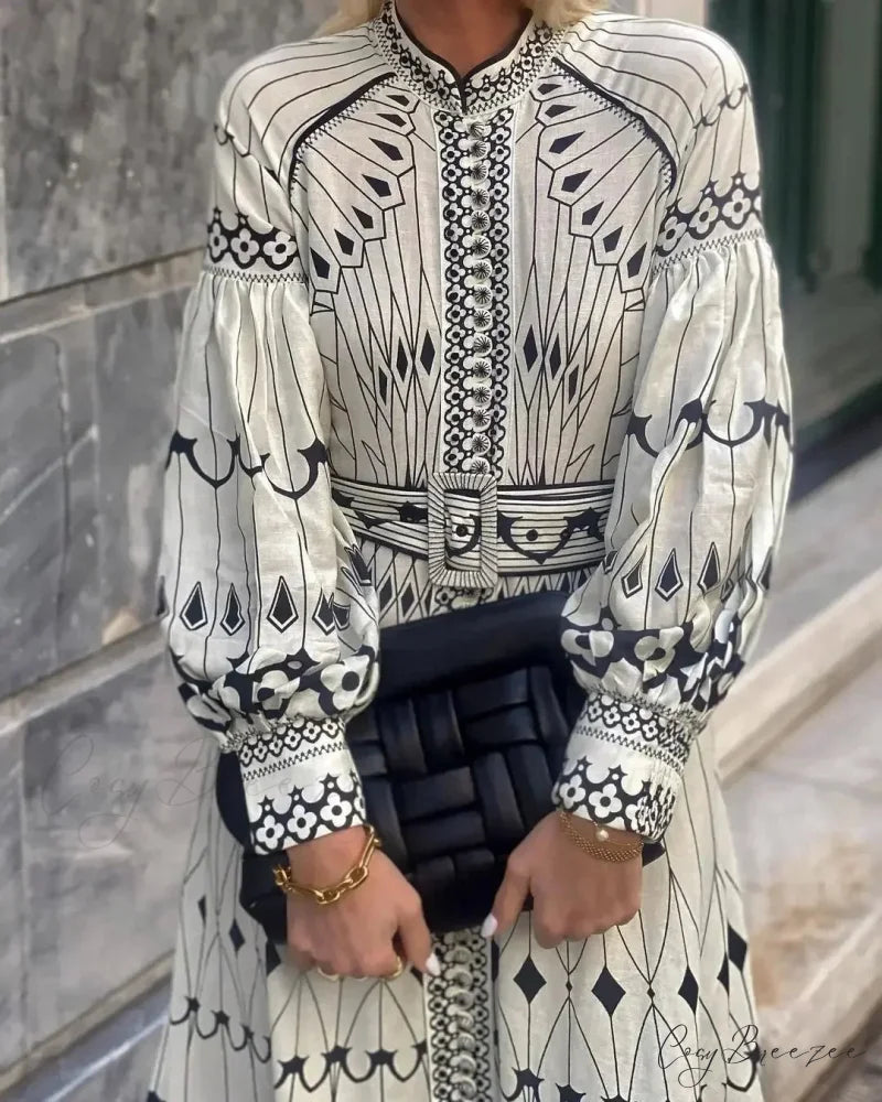 Retro Stand Collar Belted Boho Dress bohodress-250126