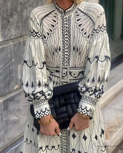 Retro Stand Collar Belted Boho Dress bohodress-250126