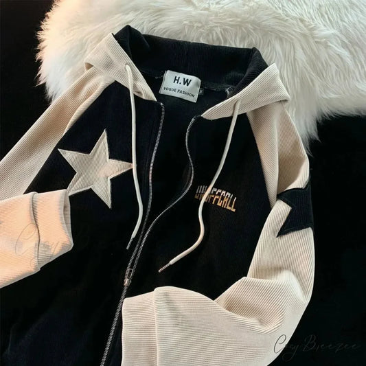 Retro Star Patch Zipper Hoodie Black / M hoodies-241228