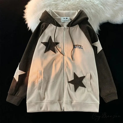 Retro Star Patch Zipper Hoodie hoodies-241228