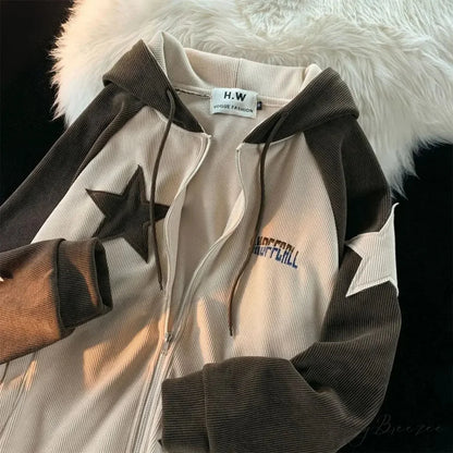 Retro Star Patch Zipper Hoodie white / M hoodies-241228