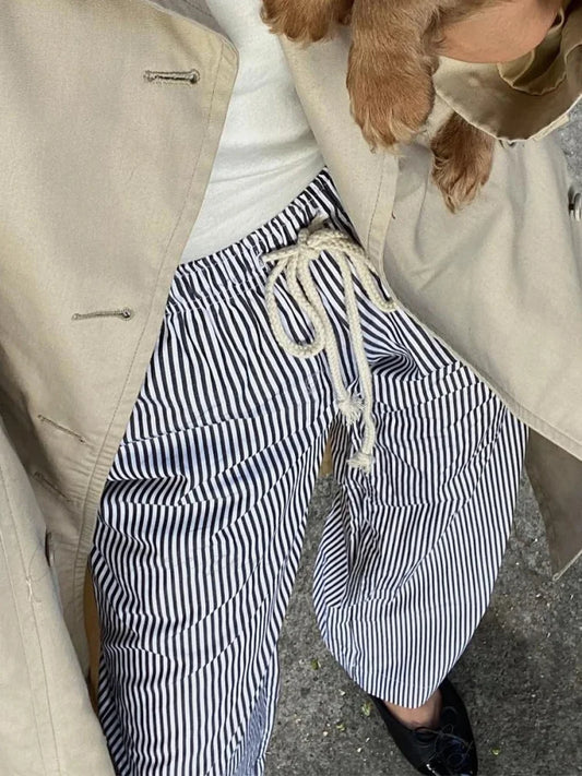 Retro Striped Fastened High-Waist Straight Pant pant-250223