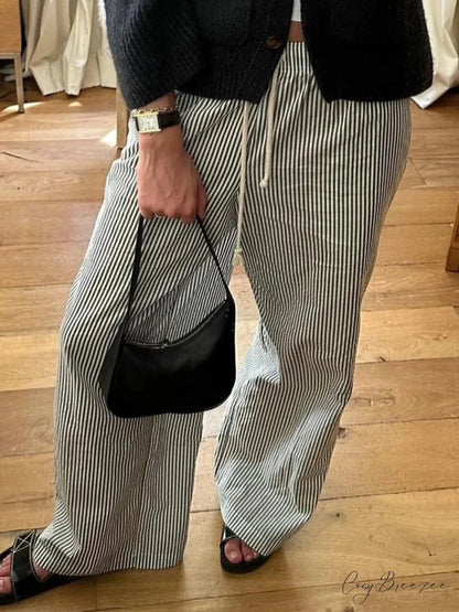 Retro Striped Fastened High-Waist Straight Pant BLACK / S pant-250223
