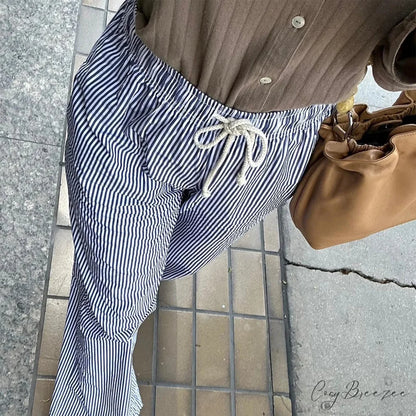 Retro Striped Fastened High-Waist Straight Pant DARKBLUE / S pant-250223