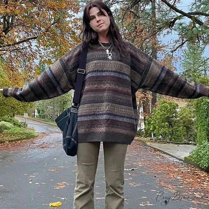 Retro Striped Knitted Sweater Grandfather Sweater swraters-241228