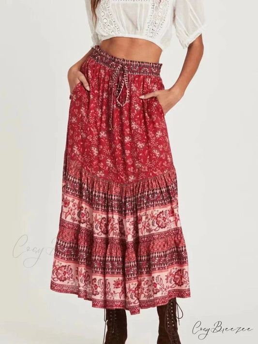 Retro Stylish Hippie Floral Peacock Printed High Waist Rayon A-Line Midi Boho Skirt Red / S skirt-250126