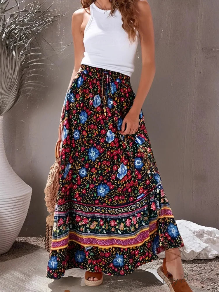 Retro Stylish Red Floral Beach Bohemian Rayon Pleated A-Line Skirt Blue / M skirt-250126