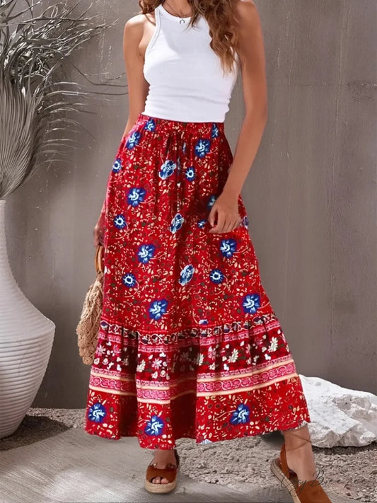 Retro Stylish Red Floral Beach Bohemian Rayon Pleated A-Line Skirt Red / M skirt-250126