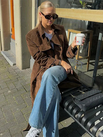 Retro Suede Windbreak Double-Breasted Coat overcoats-241228