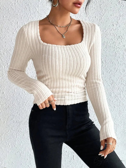 Retro Thick Pit Strip Waist Slimming Pleated Long Sleeve T-shirt Women knittop-250126