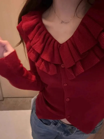 Retro U-Neck Ruffles Knitted Slim Fit Long Sleeve Cardigan Christmas Sweater