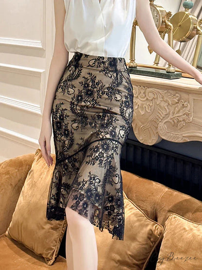 Retro Versatile Lace Wrap Hip Fishtail High Waist Skirt skirt-250126