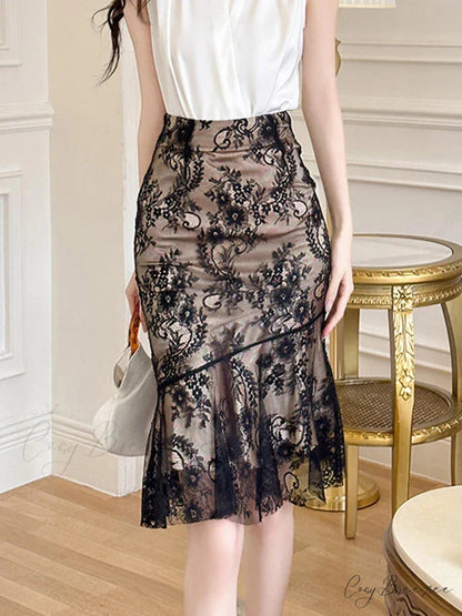 Retro Versatile Lace Wrap Hip Fishtail High Waist Skirt Black / S skirt-250126