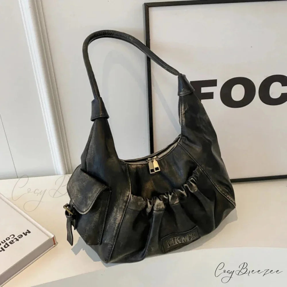 Retro Winter Leather Underarm Bag Black shoulder-250126