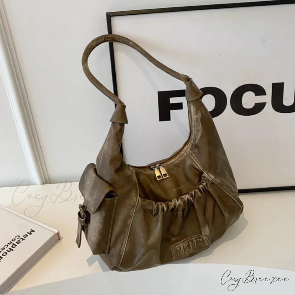 Retro Winter Leather Underarm Bag Khaki shoulder-250126