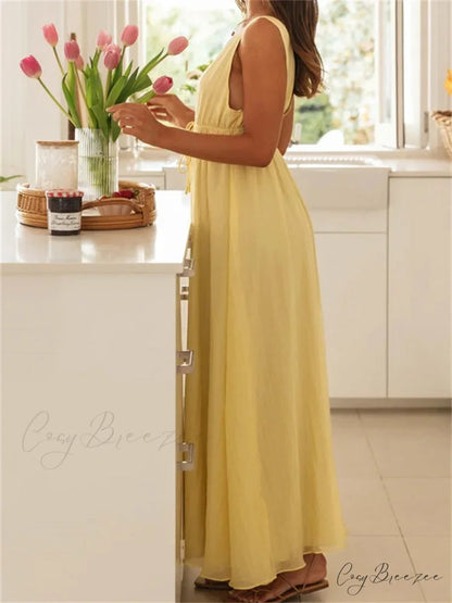 Retro Women Evening Party Solid Color Sleeveless Deep V-Neck Front Tie-up Formal Female Vestido